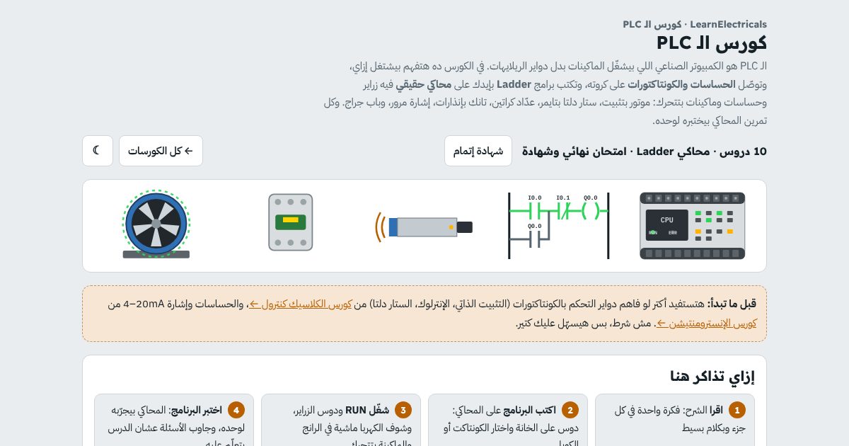 صفحة كورس الـ PLC فيها PLC ورانج Ladder وحساس وكونتاكتور وموتور